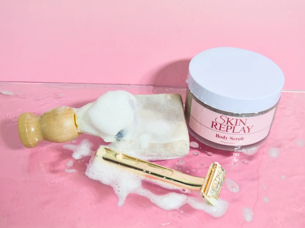 the soft shaving kit trio for woman shaving. Shaving cream and pre-scrub body scrub