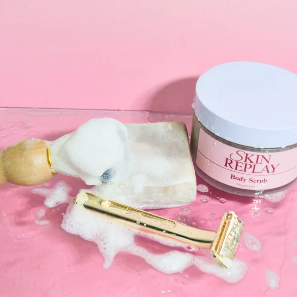 the soft shaving kit trio for woman shaving. Shaving cream and pre-scrub body scrub